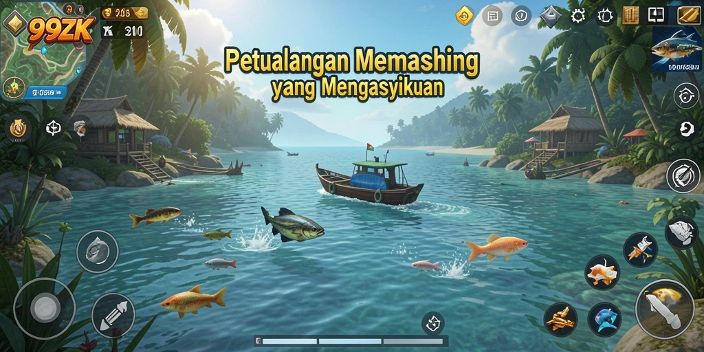 Screenshot gameplay <strong>99ZK</strong> menampilkan pemain memancing di sungai yang indah.