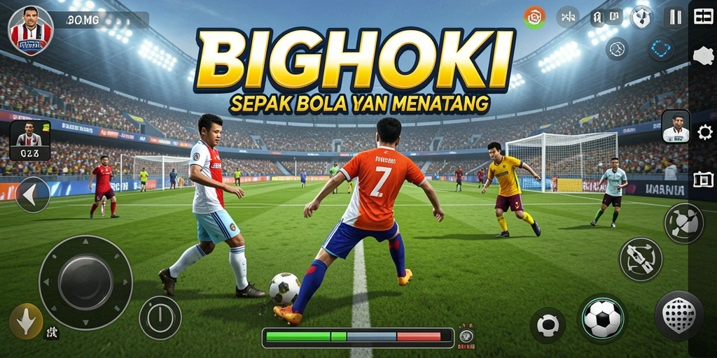 Tampilan gameplay menarik dari BIGHOKI dengan aksi sepak bola yang seru.