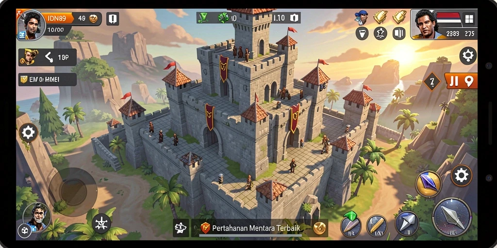 Tampilan gameplay IDN89 dengan menara yang indah dan musuh yang menyerang.