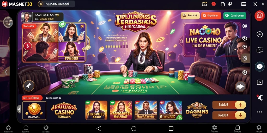 Screenshot gameplay MAGNET33 yang menampilkan dealer profesional dan suasana kasino.