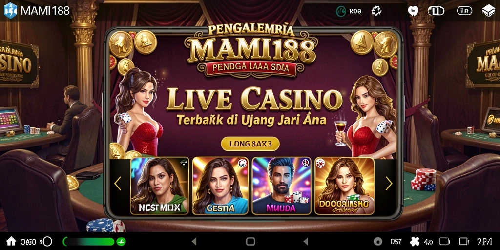 Screenshot gameplay MAMI188, menampilkan dealer langsung dan suasana kasino.