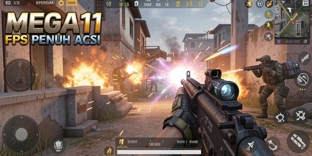 Tampilan gameplay seru dari MEGA111 dengan aksi tembak-menembak intens.